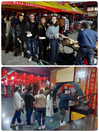 At the temple plaza, IMAS students are lining up, waiting for an indigenous chef to distribute meat slices. Meanwhile, inside the temple, other IMAS students are queuing up to touch the calligraphy br