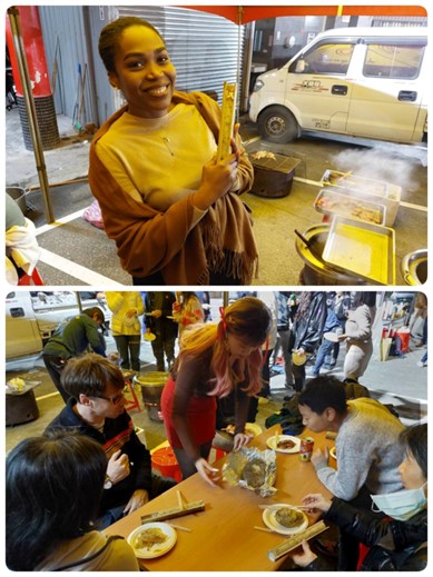 Cleisha-Bernise Springer, an IMAS alumna and the First Secretary at the Embassy of Saint Lucia, has just finished savoring her Bamboo Rice, while IMAS Thai student Natcha Lee is preparing grilled fish