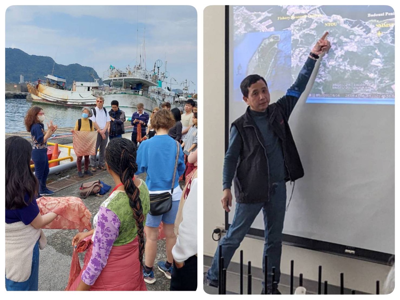 Next to a fishing boat, Professor Deasy Simandjuntak discussed the human rights challenges faced by Indonesian fishermen in Taiwan. In a laboratory, Professor Tony Shih explained the geographical loca